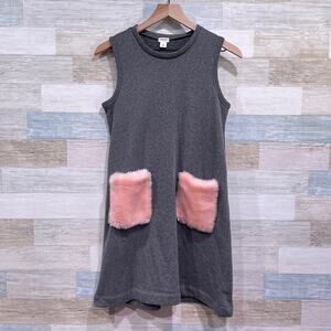 CREWCUTS J Crew Faux Fur Pocket Sweatshirt Dress Gray Sleeveless Cotton Girls 14